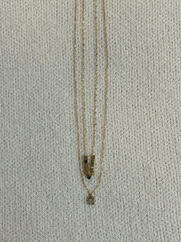 Cube & diamante Double chain necklace
