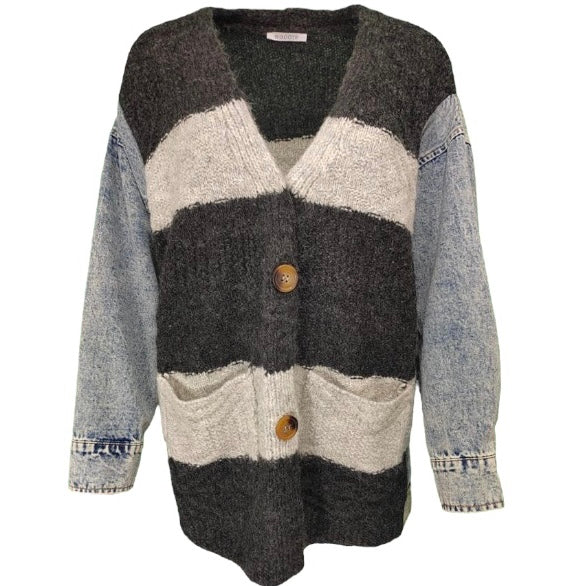 Mixed material knit and denim jacket/cardigan