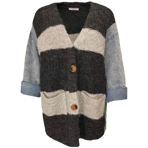 Mixed material knit and denim jacket/cardigan