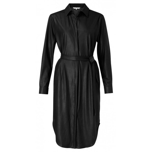 Faux Leather belted shirt Dress with curved hem